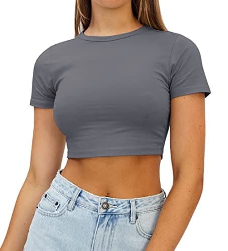 Image of AirMood Womens Crop Summer Tee Tops Short Sleeve Casual Cropped Tshirt (Gray,S)