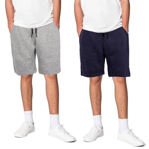 Image of Keanu 2 Pack Mens Regular Fit Fleece Shorts with Zip Pockets, Elastic Waistband, and Drawstring – Size M - Navy/Light Grey Pack