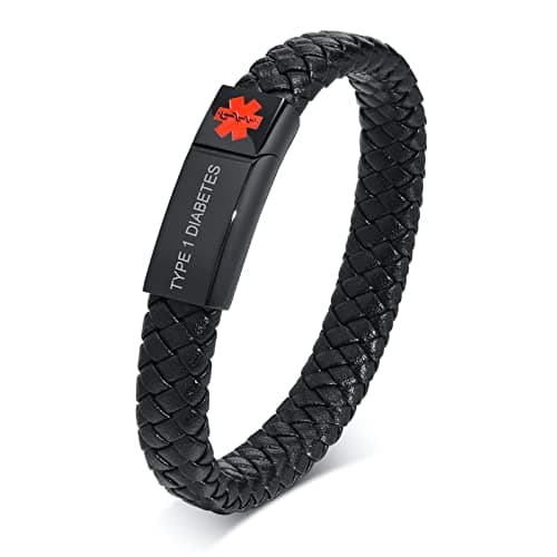 Image of PJ JEWELLERY Medical Leather Bracelet - TYPE 1 DIABETES Engraved Braided Genuine Identification Bangle with Stainless Steel Magnetic Clasp Men's Emergency Alert Wristband Style B - Black 8.2 inches