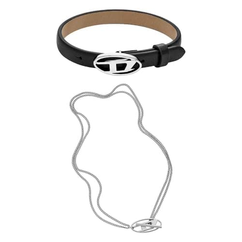 Image of Diesel Men's Leather Stackables Black Bracelet and Silver-Tone Stainless Steel Necklace, Set