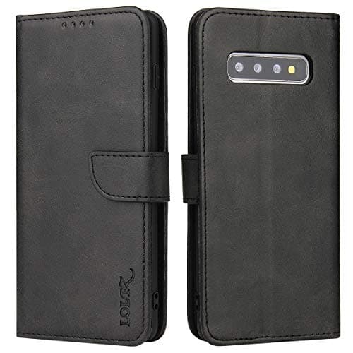 Image of LOLFZ Wallet Case for Samsung Galaxy S10e, Vintage Leather Book Case with Card Holder Kickstand Magnetic Closure Flip Case Cover for Samsung Galaxy S10e - Black