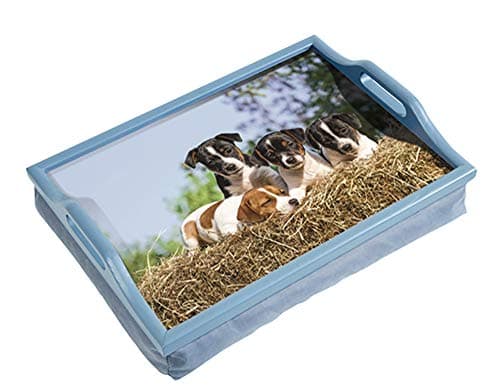 Image of Wooden Lap Tray with Handles and Cushion Puppies Design Handles on Side Give Great Stability Lightweight Fully Portable, Use in any Room Easy Clean Tray Eat, Read, Work on your Lap Top