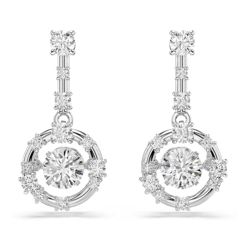 Image of Swarovski Constella Drop Earrings, Round Cut, Dancing Stone, White, Rhodium Plated