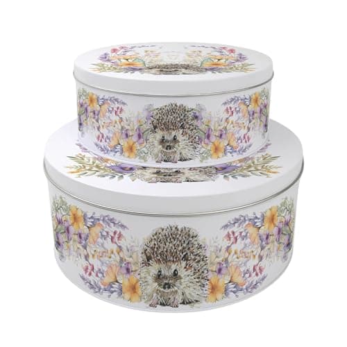 Image of Purely Home Floral Hedgehog Set of 2 Cake Tins Gift - Flowers & Wildlife Themed Nesting Round Large & Medium Metal Storage Containers for Baking