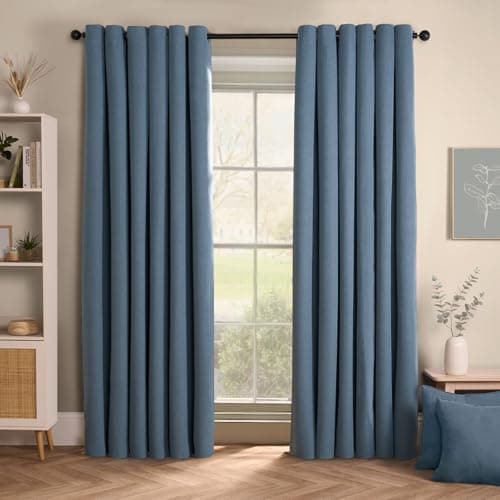 Image of OHS Eyelet Woven Texture Curtains, Decorative Blackout Curtains for Bedroom & Living Room, Soft Modern Thermal Lined, 66x72” - Blue