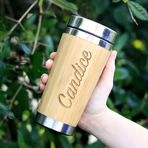 Image of eBuyGB Personalised Insulated 500ml Bamboo Travel Mug, Reusable Drinks Flask, Double Walled Stainless Steel Travel Cup