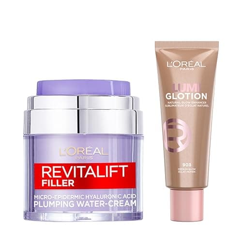 Image of L'Oreal Paris DUO Revitalift Filler Replumping Water Cream, Enriched With Micro, Micro-Epidermic Hyaluronic Acid, 50Ml & Multi-Use Glow Enhancer, 24H Hydration With Shea Butter A