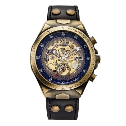 Image of DAXIAOYU Luxury Skeleton Steampunk Watch for Men,3D Retro Roman Numeral Dial Sport Vintage Bronze Bezel Watches Leather Mens Automatic Mechanical Wrist Watch, BlackGold, Luxury