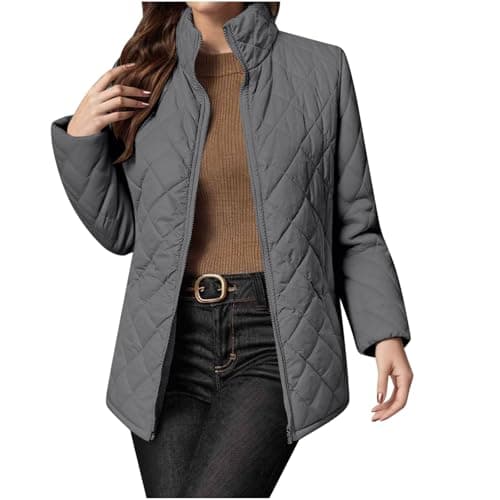 Image of AnnSemo Women's Lightweight Quilted Jackets Casual Solid Colour Cotton Coats Long Sleeve Stand Collar Full Zip Ladies Padded Jackets with Pockets Winter Coats for Women UK