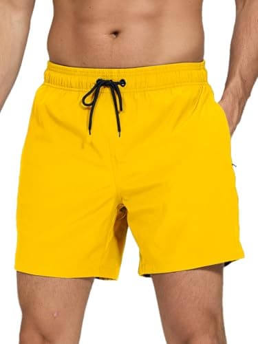 Image of Arcweg Men's Swim Trunks Mens Board Shorts with Zipper Pockets Surfing Stretchy Beach Shorts Breathable Mesh Lining Quick Dry Bright Yellow