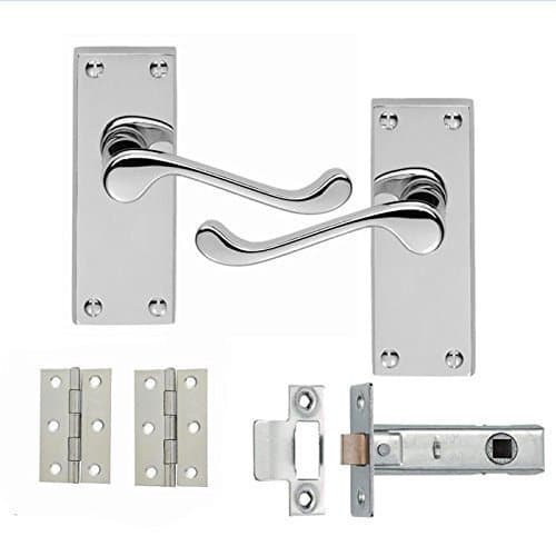 Image of EUROART Victorian Scroll Satin & Brushed Chrome Latch Handle with Latch and Hinges 99x35mm
