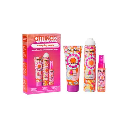 Image of amika everyday magic bestsellers set - includes travel size soulfood nourishing hair mask, perk up talc-free dry shampoo spray + the wizard silicone-free detangling primer (3 pieces)