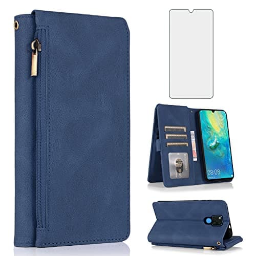 Image of Compatible with Huawei Mate 20 X 5G Wallet Case Tempered Glass Screen Protector Zipper Retro Leather Flip Cover Card Holder Stand Cell Accessories Phone Cases for Mate20X 20X 7.2 inch Women Men Blue