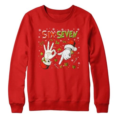 Image of Purple Print House Funny Six Seven Kids Christmas Sweatshirt - 6 7 Trend Xmas Jumper for Son or Daughter - Boys Girls Viral Meme Sweater - Festive Holly Presents Candy Cane Design, 5-6 Years, Red