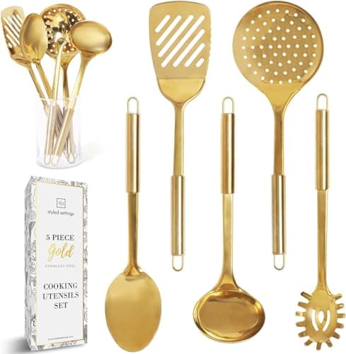 Image of Gold Kitchen Utensils Set – 5-Piece Stainless Steel Kitchen Tools for Modern Cooking and Serving – Dishwasher Safe Ladle, Spoon, Spatula, Pasta Fork, Luxury Brass Kitchen Accessories for Home Chefs