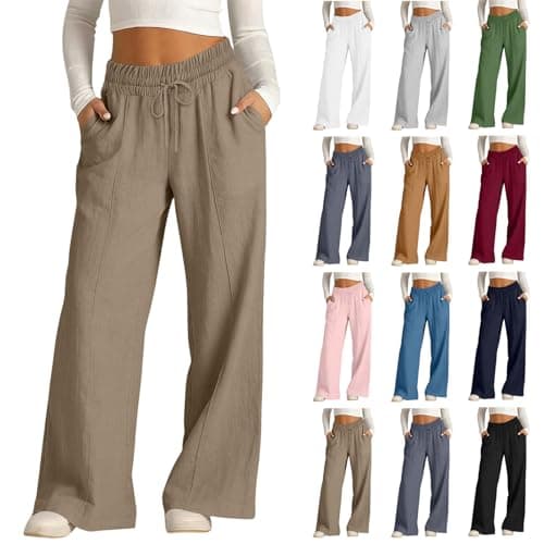 Image of Linen Wide Leg Trousers for Women UK Summer Loose Casual Fashion Beach High Waisted Trousers Vacation Lightweight Straight Leg Palazzo Pants with Pockets Drawstring Elastic Waist Comfy Pant Khaki