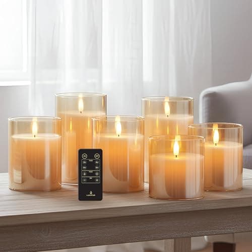 Image of LumiPur Premium Design Series Glass Natural Glow Flameless LED Candle 6 Pack with Remote Control, 2 of Each 3.5" x 4” 5" 6", Gold