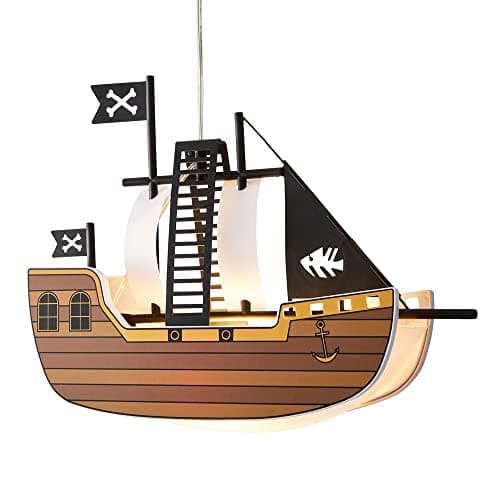 Image of LITECRAFT Glow Pirate Ship Ceiling Pendant Childrens Bedroom Light - Brown, Black