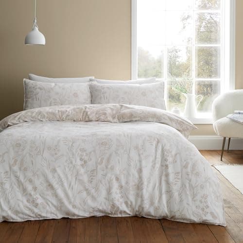 Image of Bianca Brushed Cotton Floral Toile Reversible Double Duvet Cover Set with Pillowcases Natural