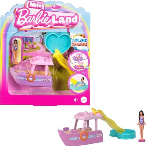 Image of Barbie Mini BarbieLand Doll & Toy Vehicle Set, 1.5-inch Barbie Doll & Dream Boat with Color-Change, Plus Detachable Slide & Pool, HYF41
