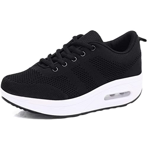 Image of Women's Lightweight Sneakers,Trainers Ladies Casual Comfortable Walking Shoes Platform Wedges Breathable Running Shoes,Black White-911,6 UK