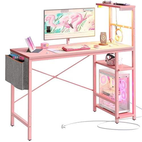 Image of Bestier 113CM Corner Computer Desk with Power Outlets Computer Desk with LED Lights Reversible Writing Table with Side Pocket Storage Bag & Accessories Hanger for Home Office Small Space