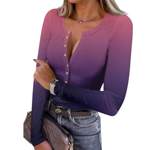 Image of Women Jumpers Knit Long Sleeve Button NeckTops Sweater Lightweight Sweatshirts Slim Fit Ribbed Jumper Elegant Solid Pullover for Fall Winter Purple M