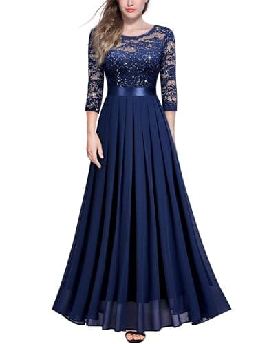 Image of MIUSOL Women's Retro Floral Lace 3/4 Sleeve Wedding Bridesmaid Maxi Dress (Large, Sequin Version - Navy Blue)