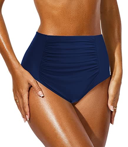 Image of JFAN Women's High Waist Pleated Hip Lifter Slim Fit Sports Swimwear Women's Bikini Bottoms(Navy Blue,M)