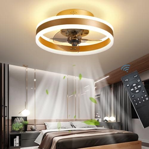 Image of OMGPFR LED Ceiling Fans with Lights Reversible Remote, 6 Speeds Modern Bedroom Fan Ceiling Light Quiet Dimmable Small Ceiling Fan Light for Living Room, Gold 40CM