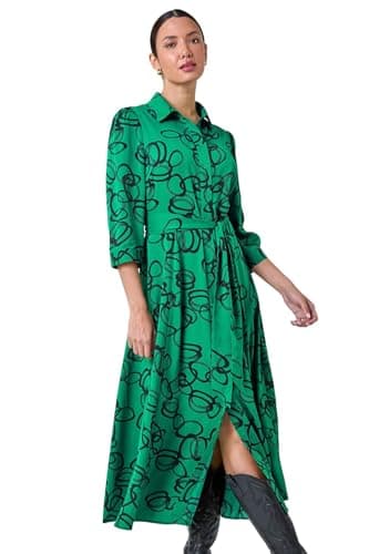 Image of Roman Originals Shirt Dress for Women UK- Ladies Long Sleeve Belted Collared Midi Maxi Winter Autumn Smart Casual Button Through Evening Office A Line Swing Skater - Black Green - Size 20