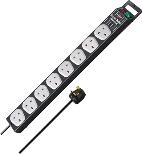 Image of Brennenstuhl Super-Solid-Line 8-way Extension Socket (Extension Lead with Safety Fuse Button, 2,5m cable, sockets in 90° arrangement) black/grey