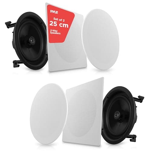 Image of Pyle Pair 25cm Flush Mount in-Wall in-Ceiling 2-Way Speaker System Spring Loaded Quick Connections Changeable Round/Square Grill Stereo Sound Polypropylene Cone Polymer Tweeter 300 Watts