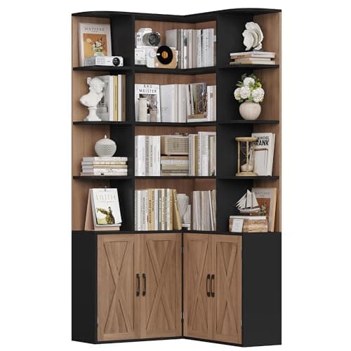 Image of FirFurd Bookcase 6-Tier Corner Bookshelf L Shaped Bookcase Free Standing with 12 Open Compartments & 4 Doors Tall Display Cabinet for Living Room Home Office 187x80x80cm Black+Oak