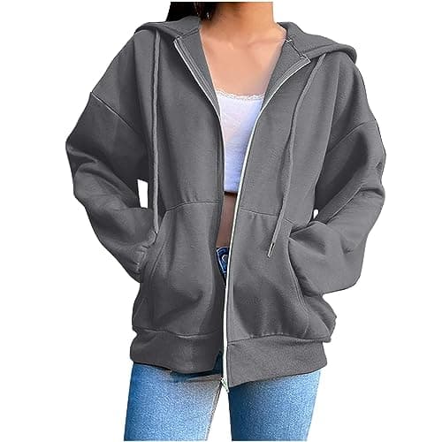 Image of Lightweight Zip Up Hoodies Women Zip Up Hoodies For Women Uk 2025 Lightweight Long Sleeve Sweatshirts Casual Zipper Hooded Jackets Oversized With Pockets Grey M