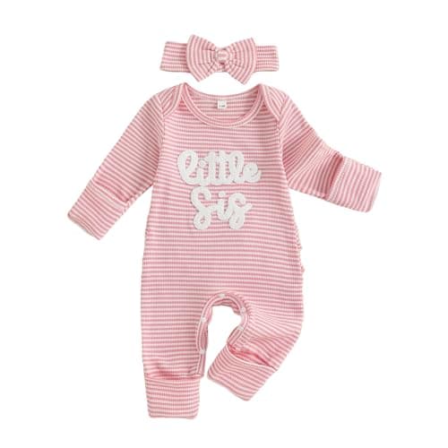 Image of Geagodelia Newborn Girls Little Sister Baby Grows with Built in Mittens Long Sleeve Romper Autumn Winter Clothes Coming Home Outfit with Headband (Waffle Knit Striped Little Sis Pink, 1-3 Months)