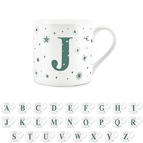 Image of Purely Home Letter J Star Mug - Bone China White Coffee/Tea Present Gift - Alphabet Letter Mug with Stars in Teal Green Blue