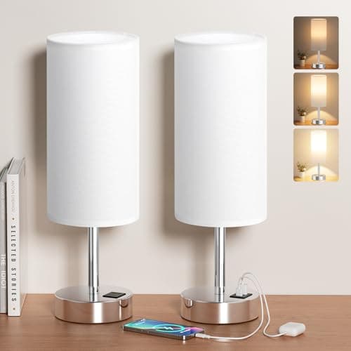 Image of Aooshine Touch Bedside Lamps Set of 2, Dimmable Table Lamps for Bedroom with White Shade, Silver Base(Bulbs Included)