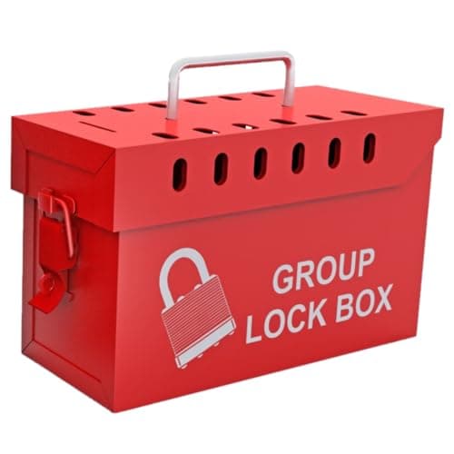 Image of Lockout Tagout Group Lock Box - Holds Up to 13 Padlocks | Red Powder-coated Steel Safety Lockout Box for Workplace Compliance