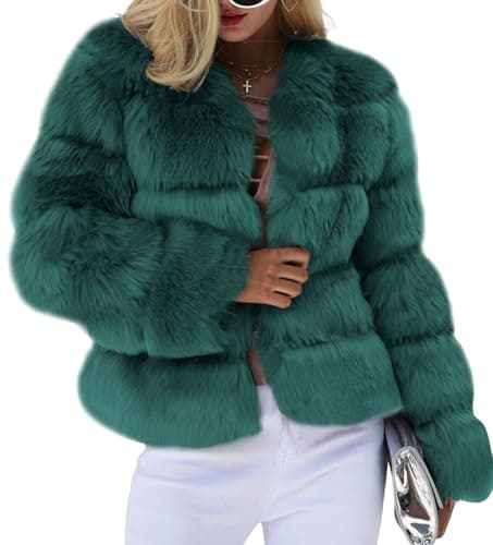 Image of loveimgs Women Warm Fluffy Cropped Puffer Jacket Faux Fur Coat Crop Parka Collarless Winter Teddy Bear Coat Overcoat, Dark Green, Medium