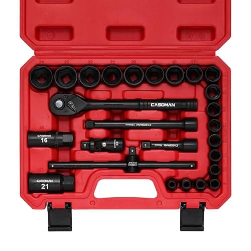 Image of CASOMAN 26 PCS 3/8" Drive Metric Shallow Impact Socket Set, 6-Point, 6mm to 24mm, with Adapters, Spark Plug Sockets, Extensions and Ratchet Wrench, CR-V