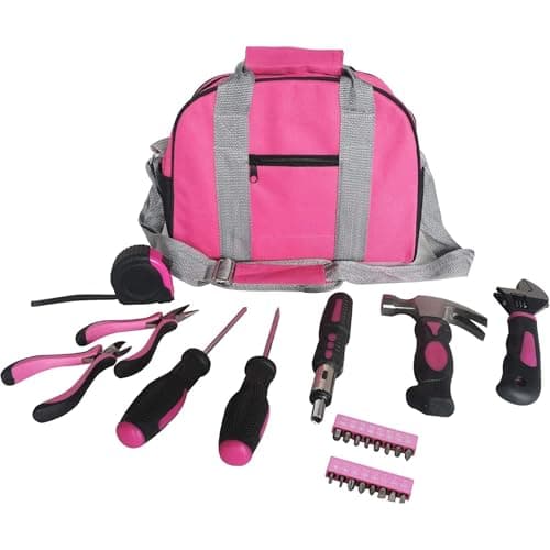 Image of Ladies Pink Tool Kit Tool Bag DIY Set Includes Pink Hammer, Pink Pliers, Pink Screwdrivers in Pink Carry Case 25pcs