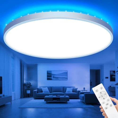 Image of zemty 59CM LED Ceiling Light Dimmable, 54W 5040LM Bathroom Lights Ceiling with Remote Control, RGB Color Changing, 3000-6500K, Timer & Memory, Round Flush Ceiling Lamp for Bedroom Living Room Kitchen