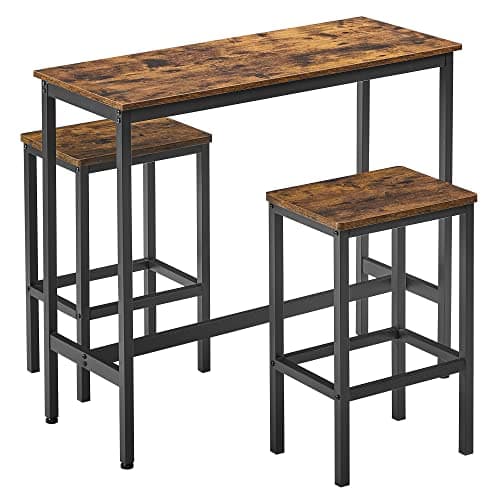Image of Vasagle LBT218B01 Bar Table with Bar Stool Set, Dining Set, Bar Table with 2 Chairs, Steel Frame, Industrial Design, Vintage Brown/Ink Black