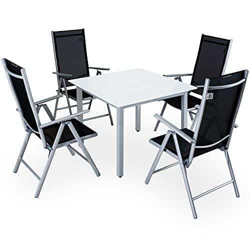Image of CASARIA® Bern 4+1 Garden Dining Furniture Set | 4x 8 Way Adjustable High Back Folding Chairs | Table 90x90cm Aluminium 5mm Frosted Safety Glass | Weatherproof Patio Balcony Deck Seating | Silver