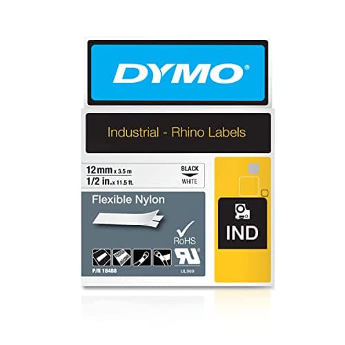 Image of DYMO Rhino Industrial Flexible Nylon Labels | 12 mm x 3.5 m | Black Print on White | Self-Adhesive | for Rhino & LabelManager Label Makers