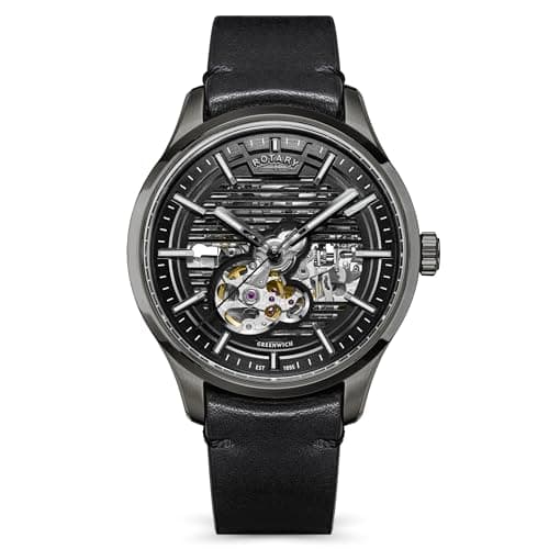 Image of Rotary Men's Greenwich Skeleton Automatic 100M Water Resistance Gun Stainless Steel Black Leather Strap Watch