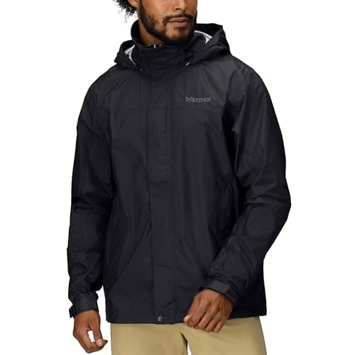 Image of Marmot Men's PreCip Eco Jacket S25, Waterproof Jacket, Lightweight Hooded Rain Jacket, Windproof Raincoat, Breathable Windbreaker, Ideal for Running and Hiking, Black, M