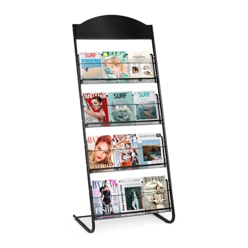 Image of SUNDOY Magazine Rack | Floor Standing Literature Display Stand with 4 Pockets | Sleek Black Design for Home and Office Use (No Wheels)