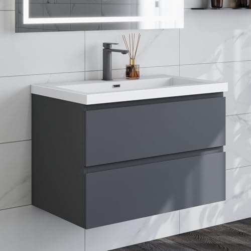 Image of Biubiubath 800mm Matte Anthracite Wall Hung Bathroom Vanity Unit Includes Deep Basin and 2 Soft-Close Drawers for Bathroom Storage